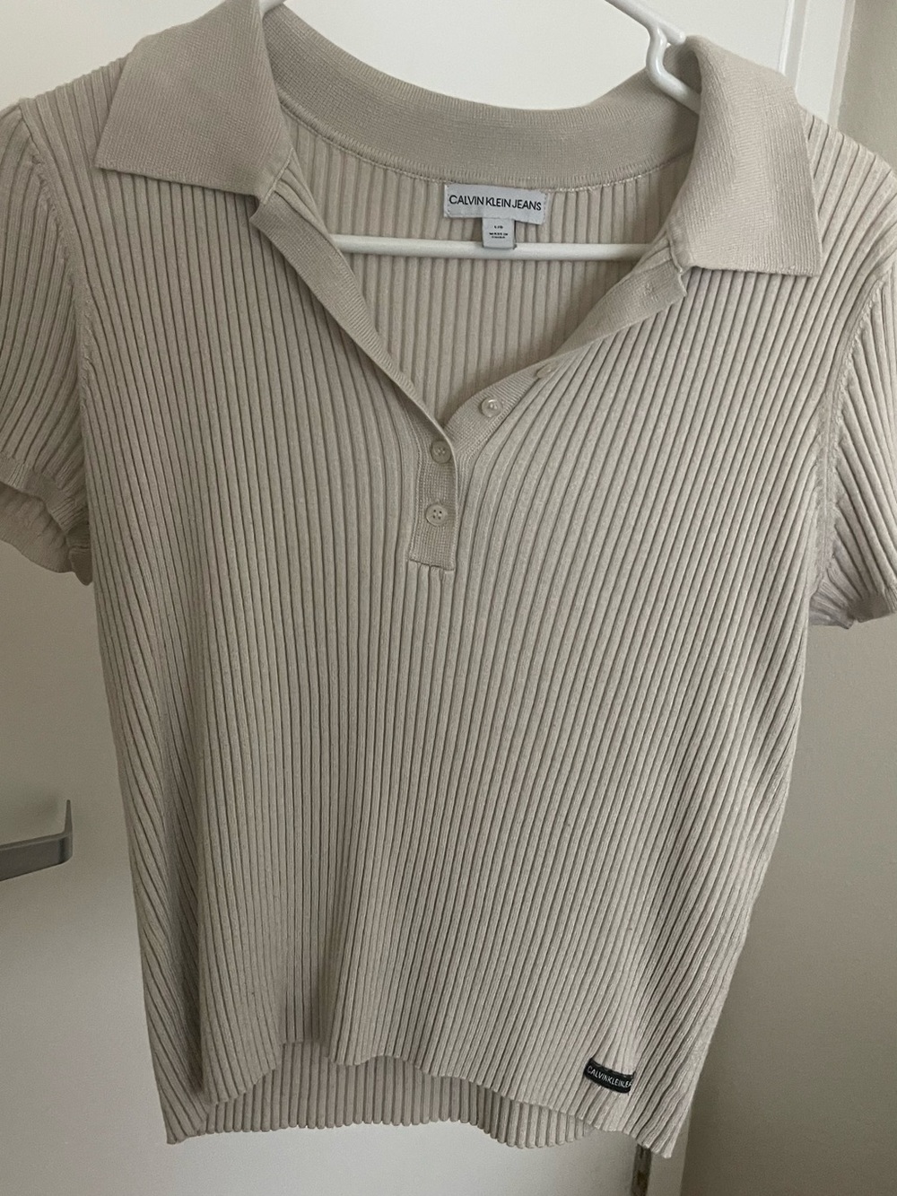 Calvin Klein Jeans Beige Ribbed Short-Sleeve Polo Top